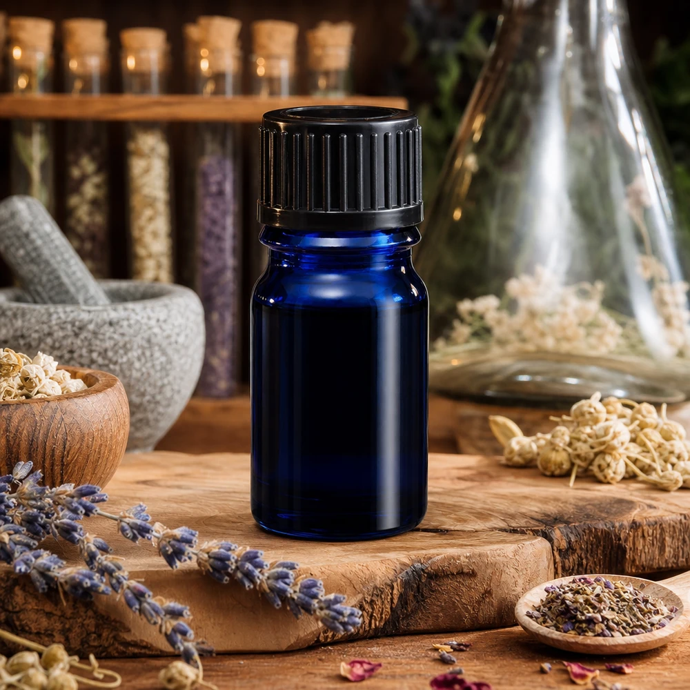 Flacone in vetro cobalto riciclabile da 5 ml con tappo nero ecologico da produzione sostenibile