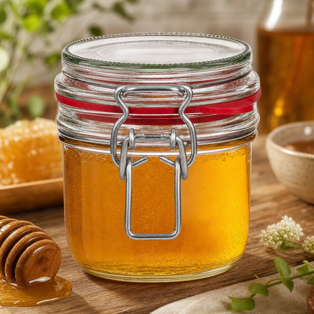 Bocal de conservation de 255 ml, type G, avec bouchon à clip UN.. 255ml Einmachglas mit Bügelverschluss gefüllt mit goldenem Honig neben Honiglöffel auf natürlichem Holztisch
