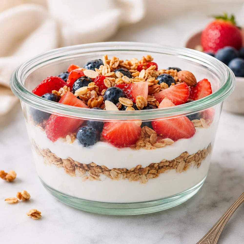 Vasetto gourmet da 290 ml WECK RR100 WECK RR100 vasetto gourmet da 290 ml con parfait di yogurt, granola, frutti di bosco e noci, per una colazione salutare