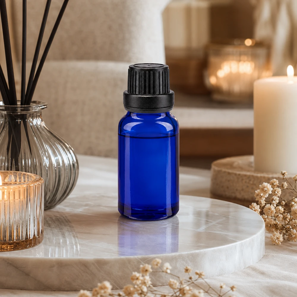Apothekenflasche blau 10ml Tropfverschluss Giessring 2mm schwarz Originalitätsverschluss Kompakte blaue Phiole aus Apothekenglas mit 2mm Tropfer für Aromatherapie und Wellness