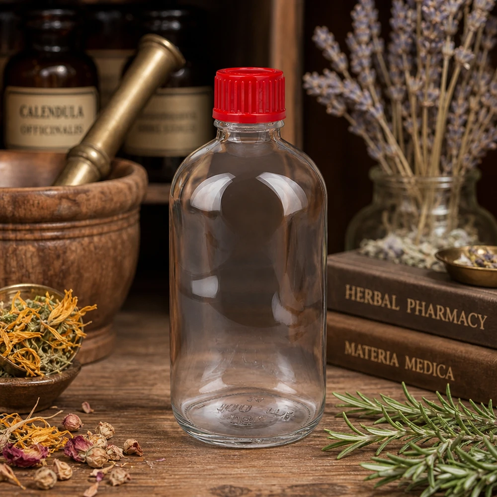 100ml Flasche 11mm Schraubverschluss rot Standard ClearLine UT18/100 Kleine Apothekerflasche 100ml transparent roter Deckel 11mm SV UT18/100 Kräuter Vintage Setting