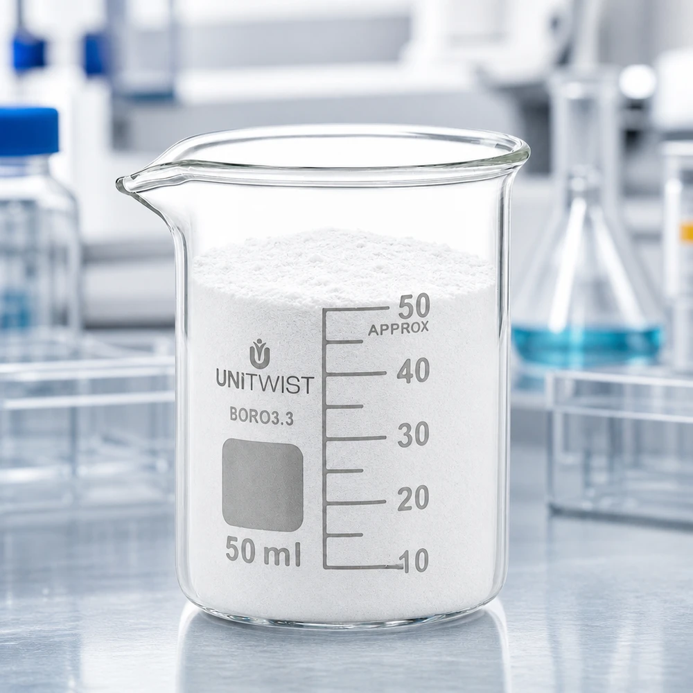 Bicchiere da 50 ml in borosilicato, a basso stampo UNiTWIST Becher da 50 ml riempito fino all'orlo con polvere bianca UNiTWIST, modello basso da laboratorio