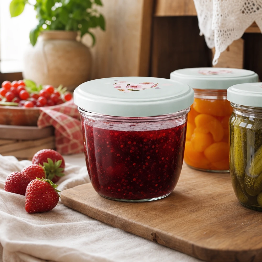 230ml Sturzglas + BasicSeal Deckel Herz mint UNiTWIST Erdbeermarmelade im 230ml Sturzglas mit BasicSeal Deckel Herz mint, selbstgemachte Konfitüre neben frischen Erdbeeren