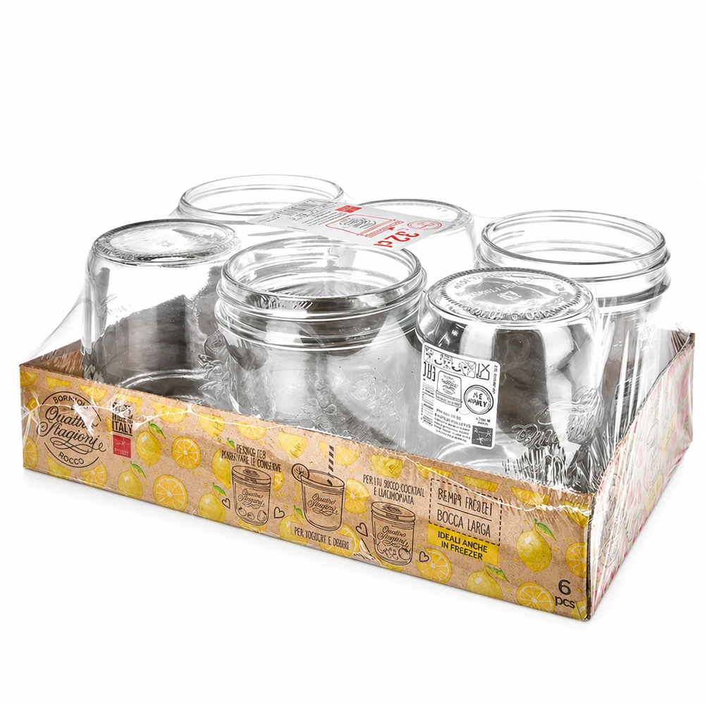 Bormioli Rocco Quattro Stagioni Einmachgläser 6er Set in Verkaufsverpackung mit gelber Zitrusfrüchte Grafik