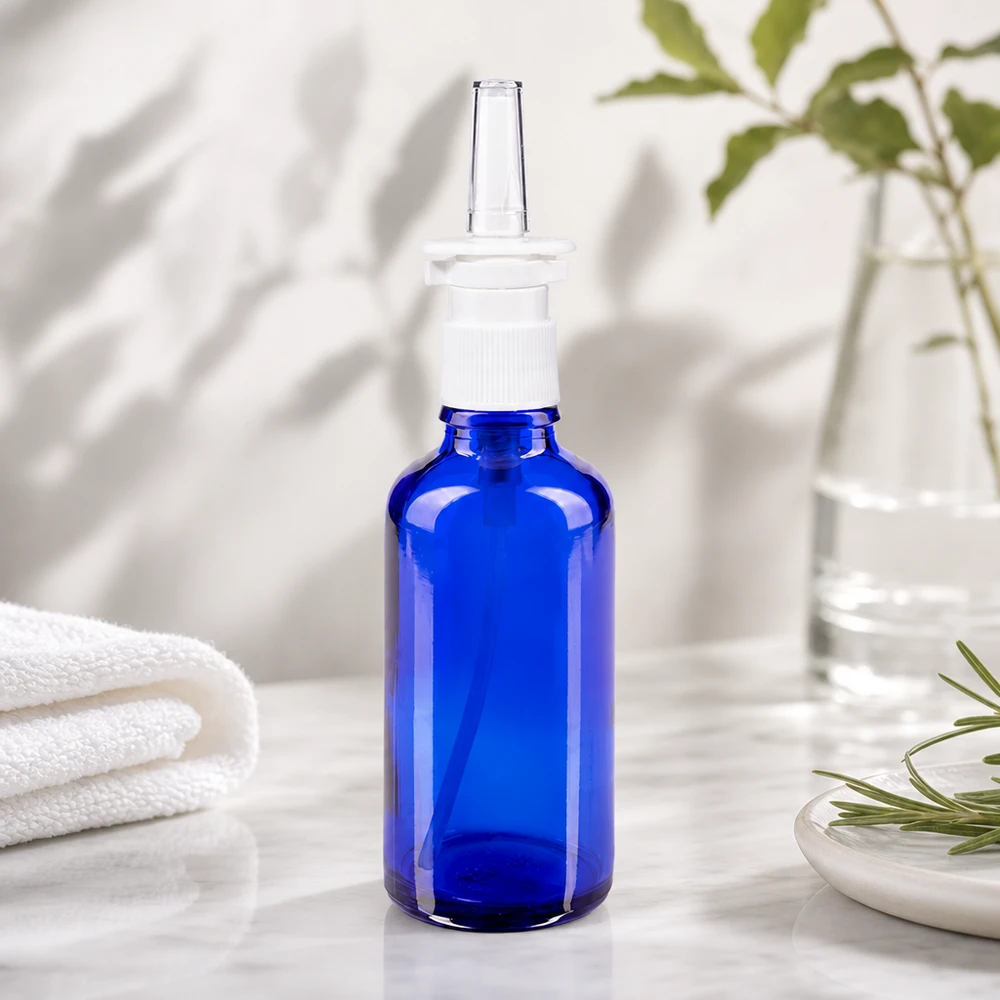 Apothekenflasche blau 50ml Nasenzerstäuber weiß Standard Blaues Apothekenglas 50ml Nasendosierer mit weißem Aufsatz und klarer Spritzdüse Seitenansicht