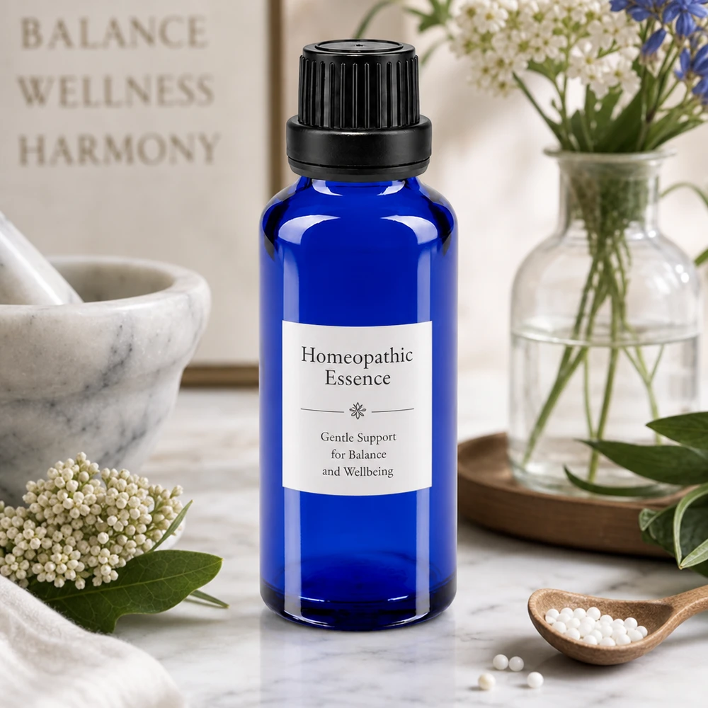 Essence homéopathique dans un flacon compte-gouttes bleu de pharmacie de 30 ml muni d'un embout de 2 mm, posé sur une surface en marbre
