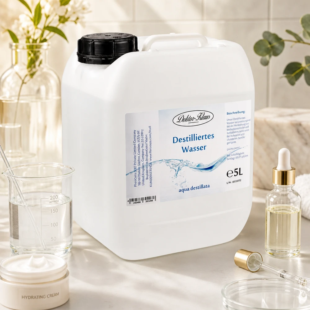 Tanica di acqua distillata Doktor-Klaus da 5 l in ambiente di laboratorio cosmetico con vetreria e pipette