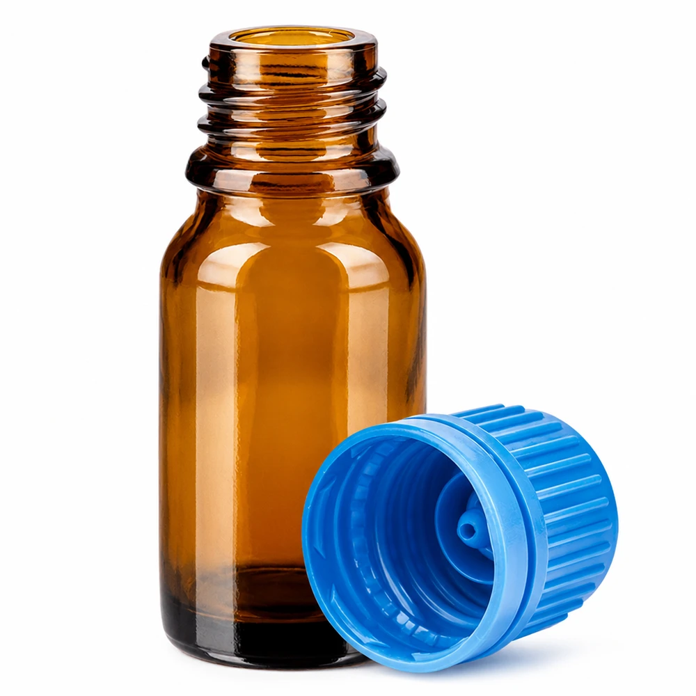 10ml Flasche 11mm Schraubverschluss blau Originalitätsverschluss BrownLine UT18/10 10ml braune Glasflasche BrownLine Serie mit blauem Verschluss für professionelle Anwendung