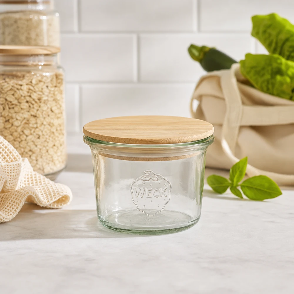 WECK mini mason jar 35ml RR40 con coperchio in legno di bambù in cucina sostenibile con vasi di stoccaggio e piante verdi
