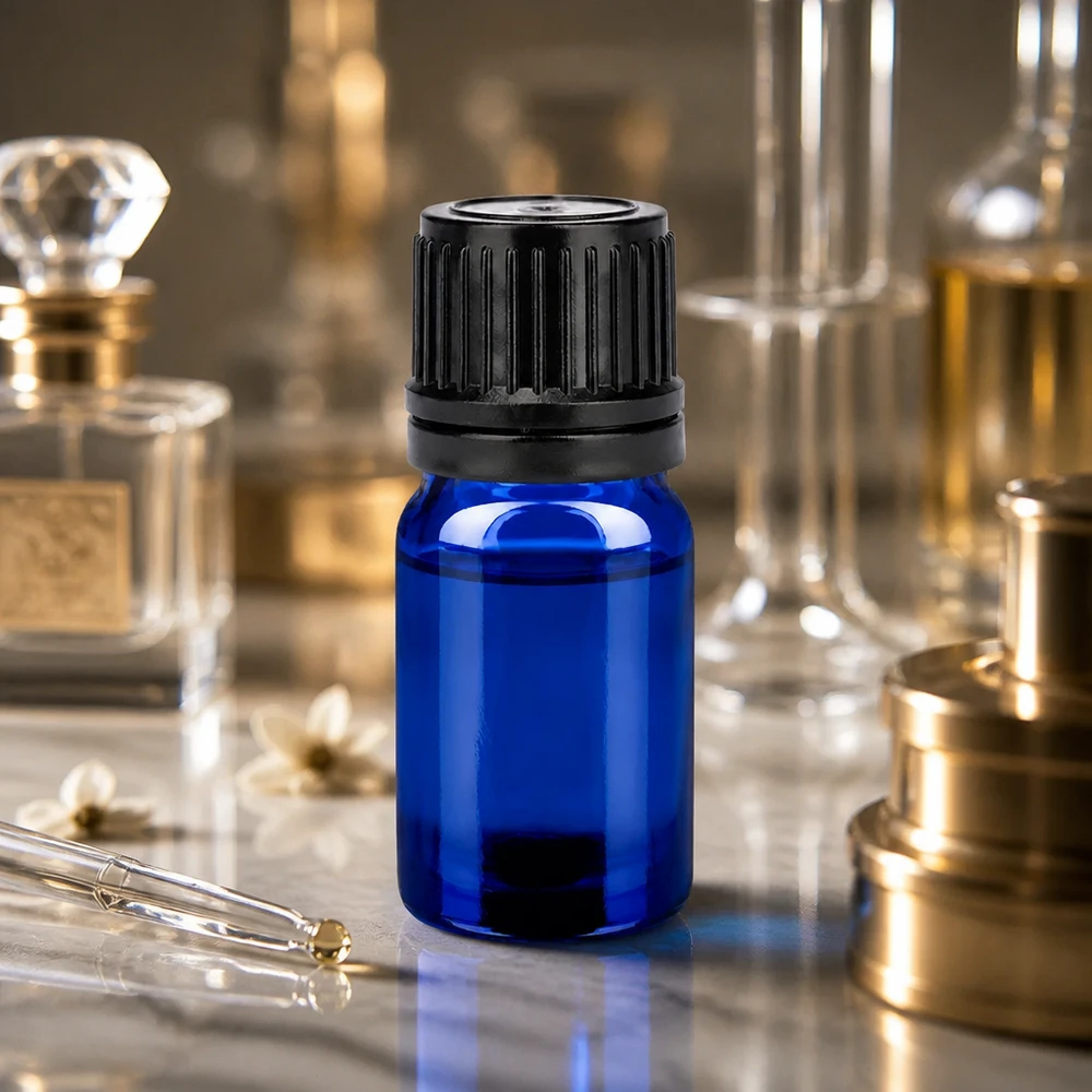 Pratico flacone blu da 5 ml con tappo a chiusura ermetica per conservare i liquidi in modo sicuro