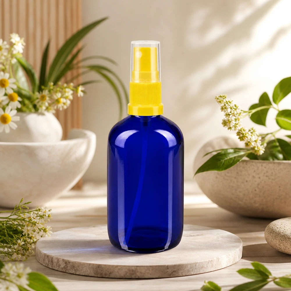Apothekenflasche blau 100ml Sprayaufsatz gelb Kobaltblaue 100ml Glasflasche Standard gelb-transparenter Zerstäuber für Toner und Pflege
