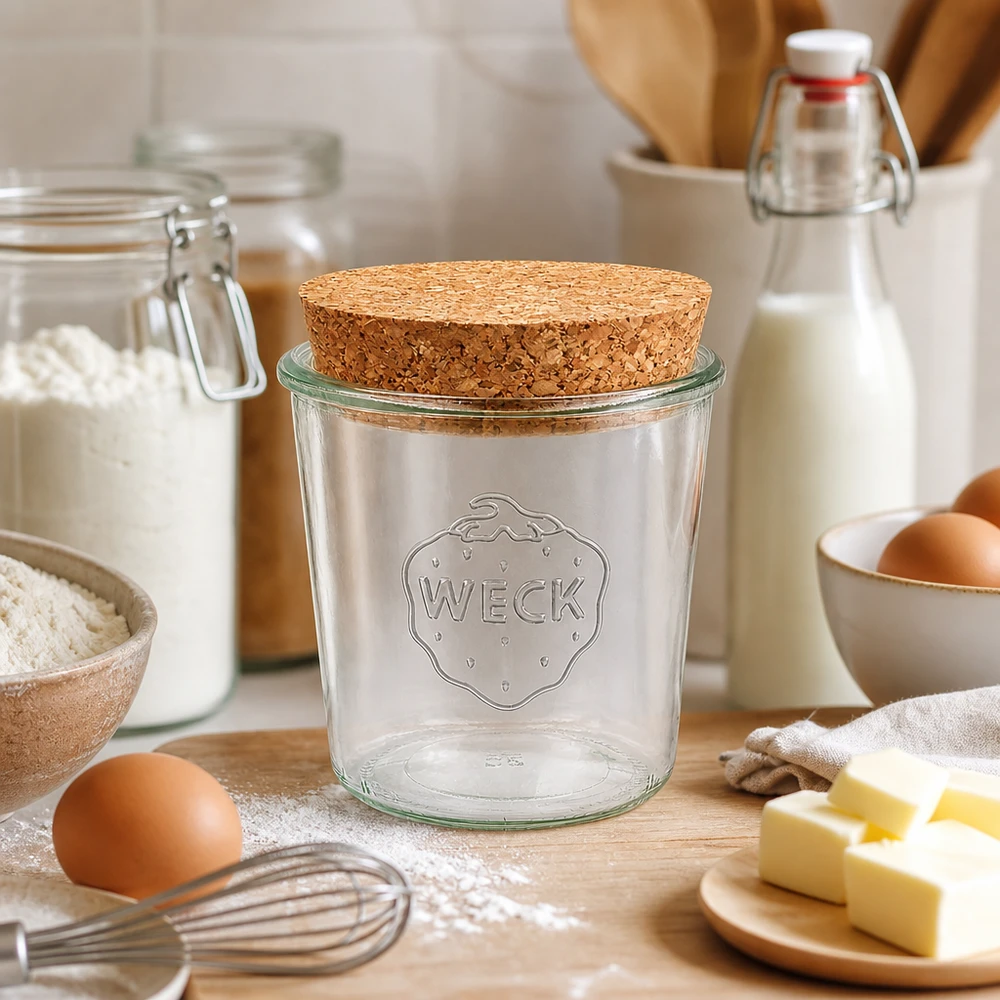 580ml Sturzglas WECK RR100 mit Korken natur WECK Sturzglas 580ml RR100 mit Naturkorken in Backküche zwischen Mehl Eiern Butter und Milch zum Backen arrangiert