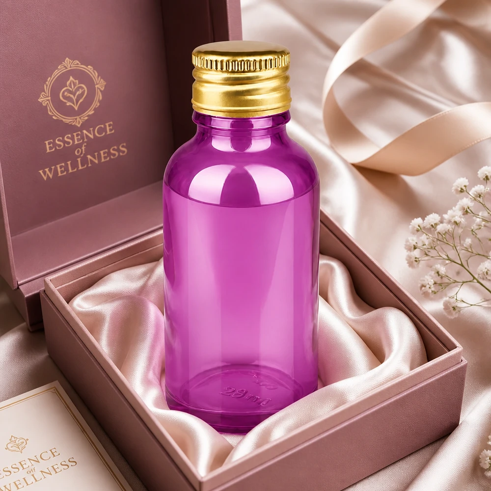 30ml Flasche 11mm Schraubverschluss Alu-Gold Standard PurpleLine. UT18/30 Luxuriöse 30ml Purpur-Glasflasche mit 11mm Gewinde und goldener Kappe für exklusive Beauty-Produkte