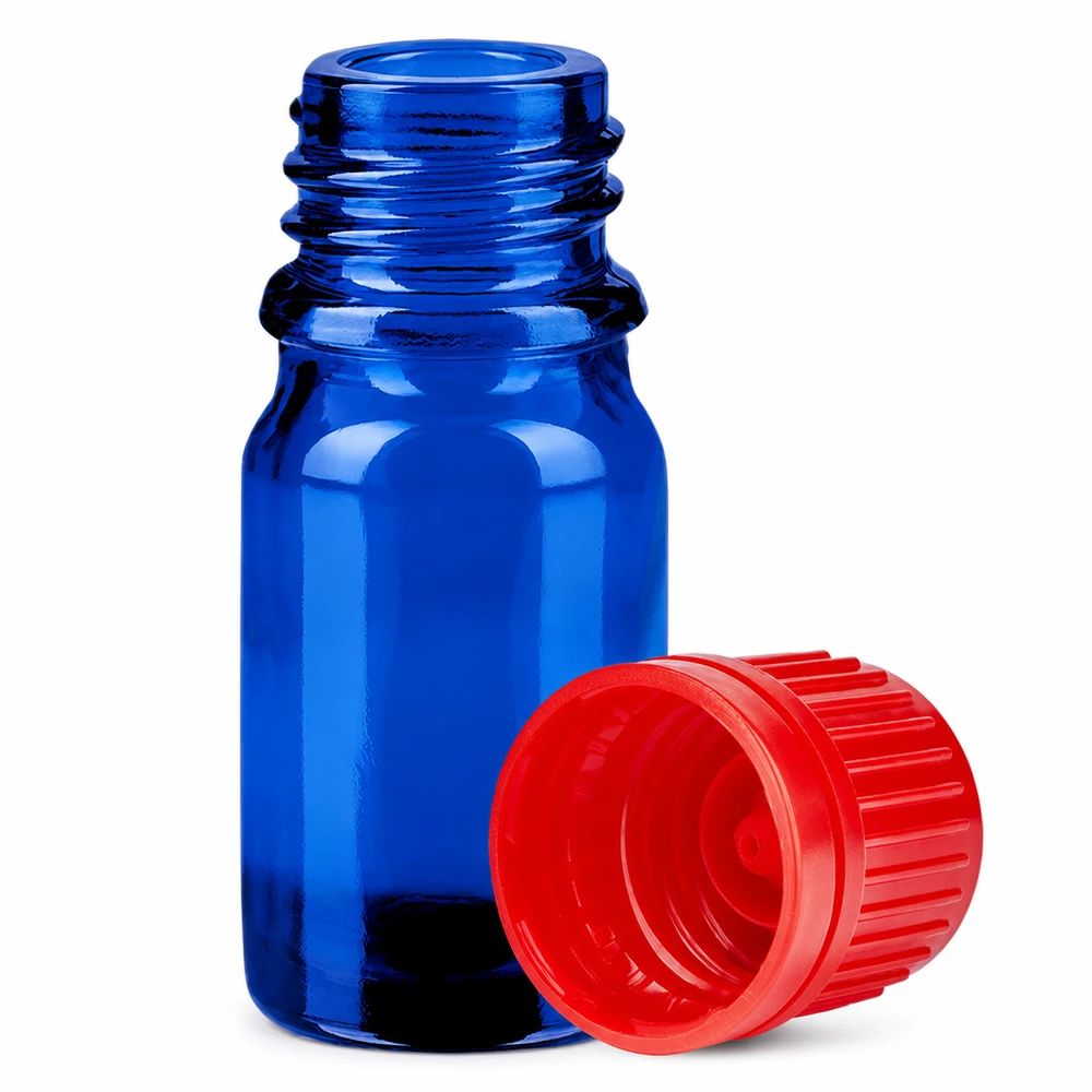 Flacone per campioni da 5 ml in vetro blu con tappo stretto da 11 mm rosso UT18/5