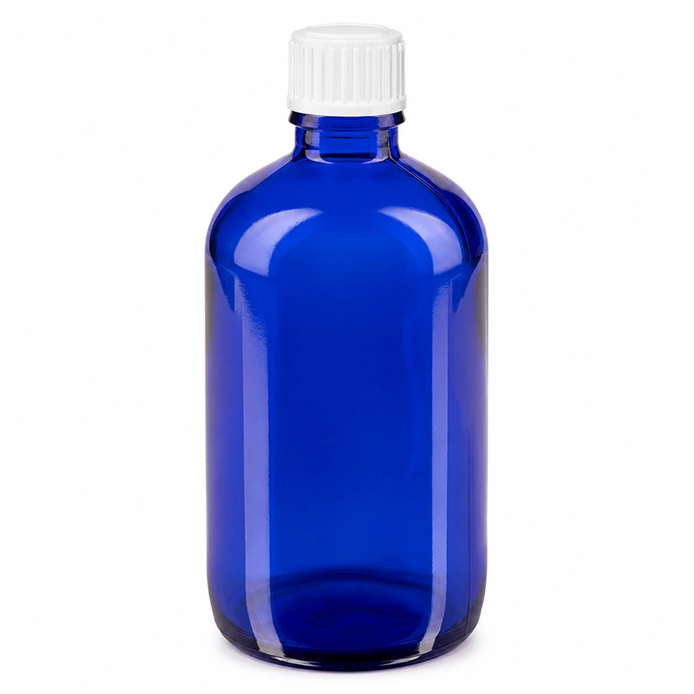 Apothekenflasche blau 100ml Schraubverschluss weiß Standard Zylindrische blaue Apothekerflasche Glas 100ml mit weißem Originalitätsverschluss