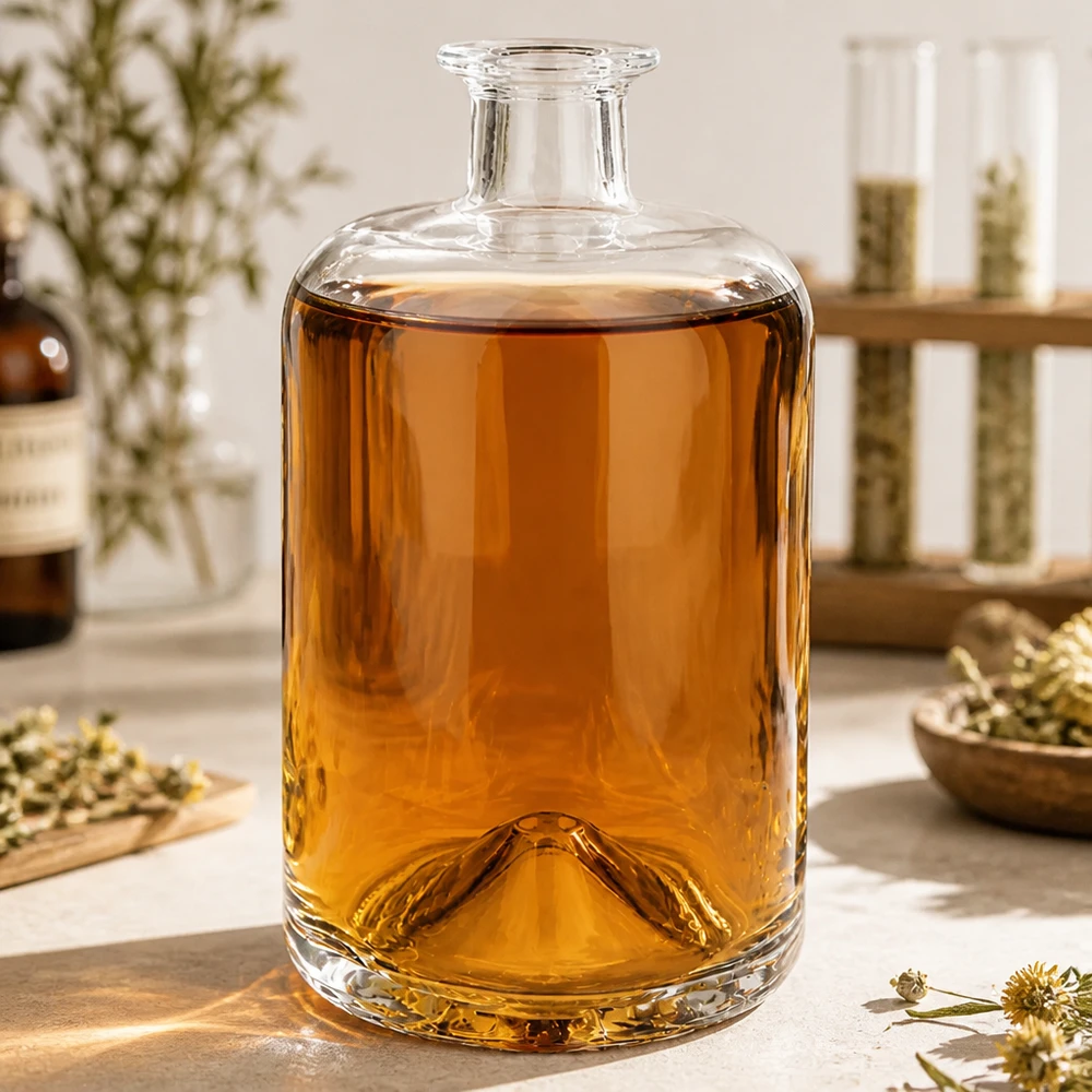 Flacone farmaceutico da 700 ml Sofia senza tappo UNiTWIST® 700ml Glasflasche Sofia mit bernsteinfarbener Flüssigkeit auf Marmortisch neben getrockneten Blüten atmosphärisch inszen