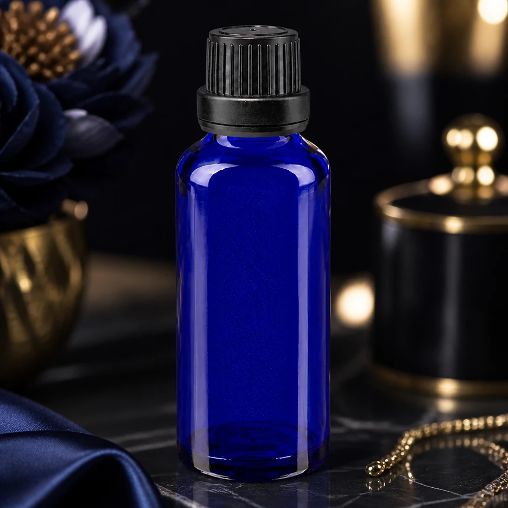 Apothekenflasche blau 30ml Schraubverschluss schwarz Dichteinlage Originalitätsverschluss Apothekerflasche 30ml Blauglas mit manipulationssicherem Schraubverschluss schwarz 11mm
