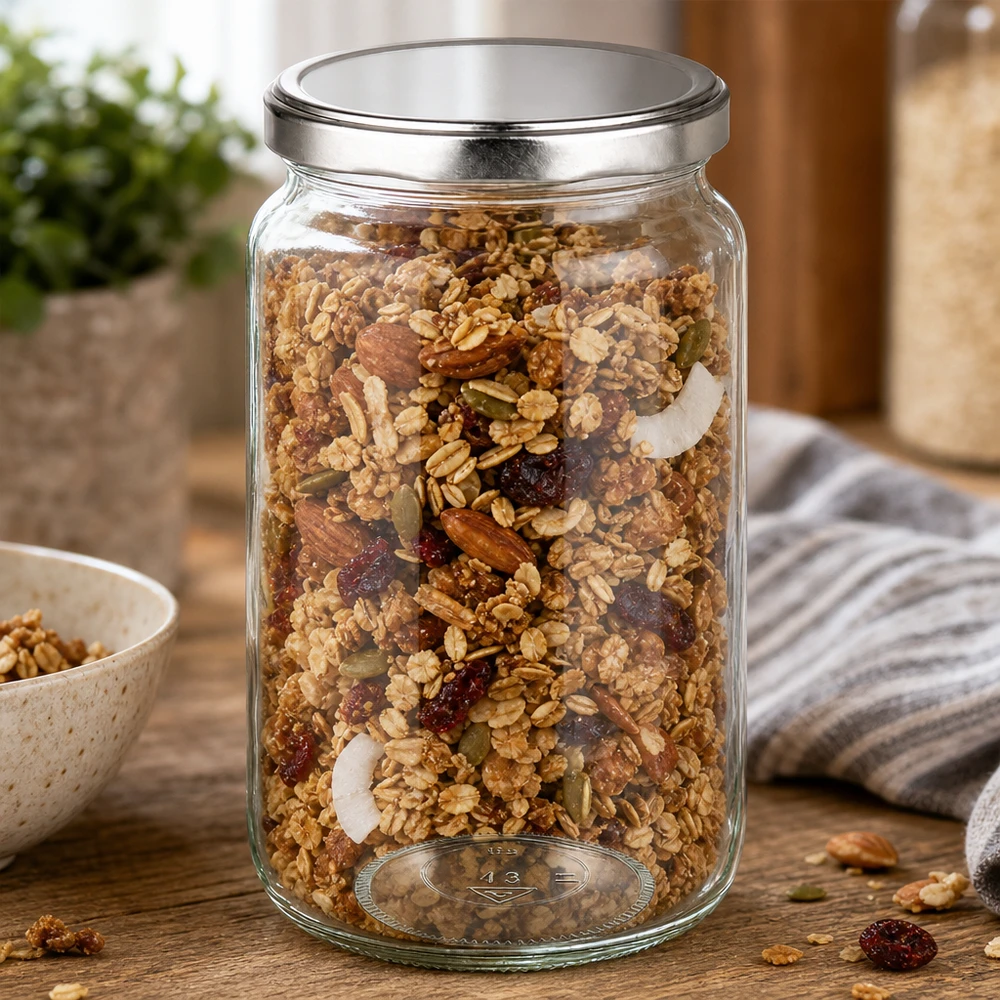 795ml Rundglas mit BasicSeal Deckel silber UNiTWIST 795ml Rundglas befüllt mit Müsli und Nüssen zeigt praktische Verwendung als Vorratsglas für Lebensmittel