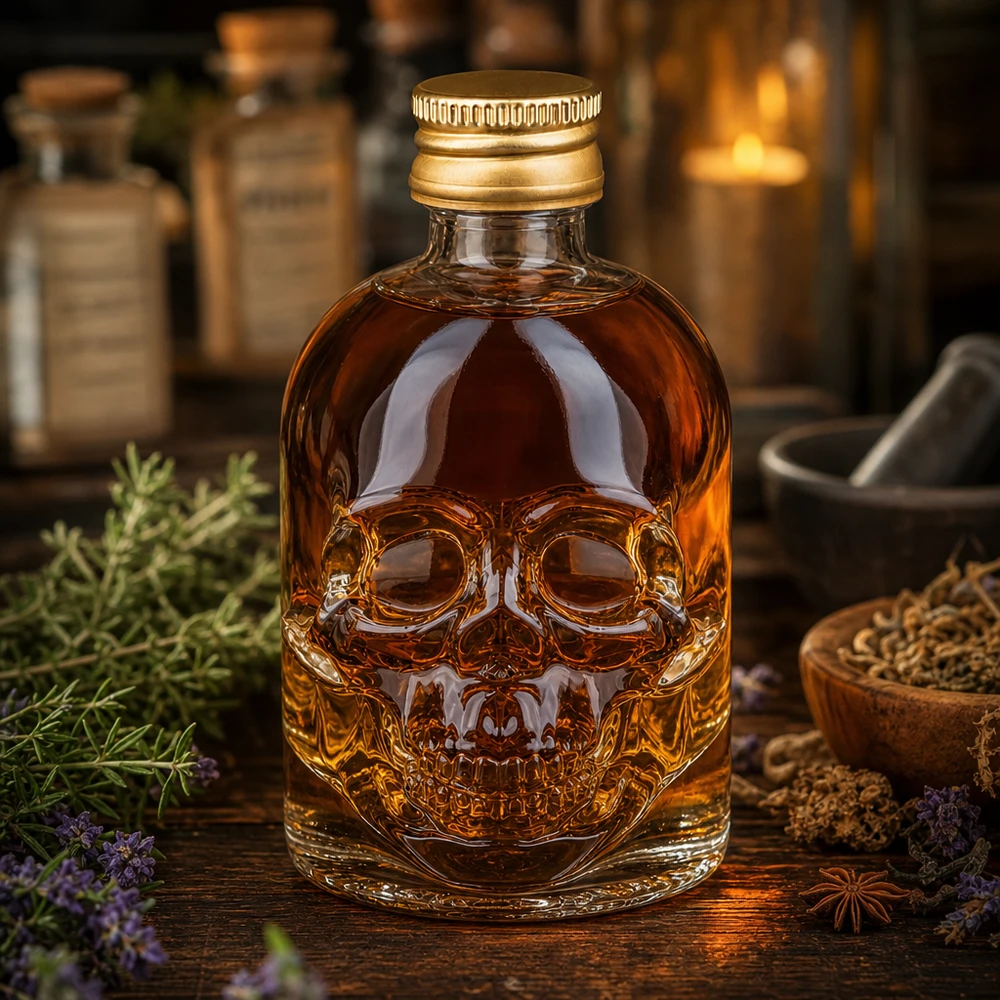 Flacone da 50 ml in vetro con design a teschio di Hector, spezie ed erbe e illuminazione d'ambiente simile a quella di un'apoteca.