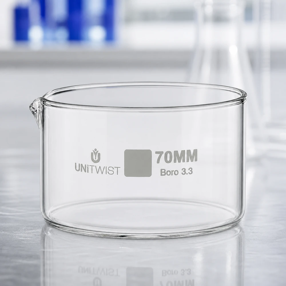 Piatto per cristallizzazione ø70mm in vetro borosilicato UNiTWIST Vaschetta di cristallizzazione vuota da 70 mm UNiTWIST in vetro borosilicato trasparente 3.3 con beccuccio, ambiente di laboratorio