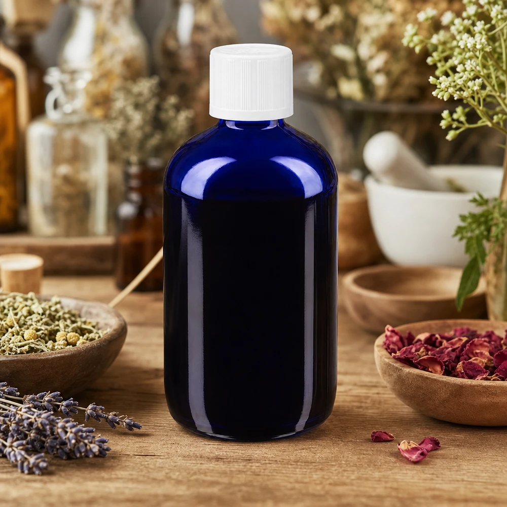 Flacon de pharmacie bleu de 100 ml muni d'un compte-gouttes, contenant des herbes et des fleurs séchées