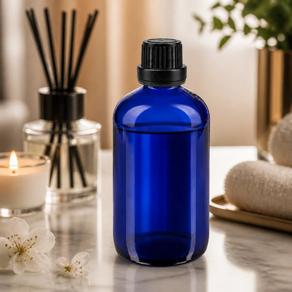 Spa-Flasche 100ml kobaltblau mit schwarzem Verschluss für Öle und Essenzen