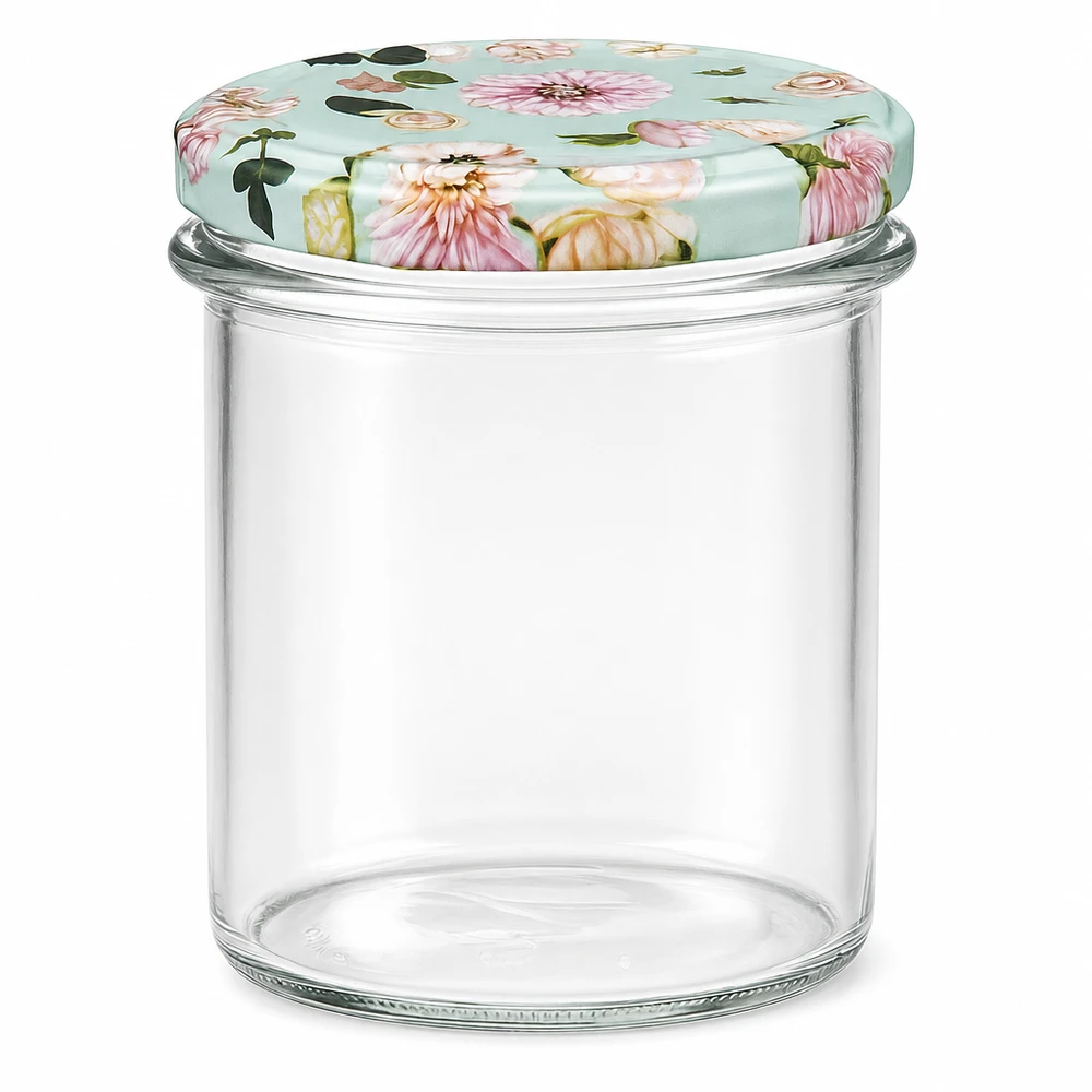 Bicchieri da 350 ml + Coperchio BasicSeal fiore di menta UNiTWIST Bicchieri da 350 ml con coperchio BasicSeal in menta con motivo a fiori rosa, barattolo vuoto per marmellate e conserve