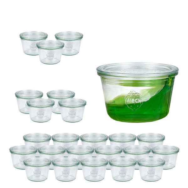 Set di 24 bicchieri Weck da 370 ml con 24 coperchi in vetro Set di 24 bicchieri Weck da 370 ml con 24 coperchi in vetro