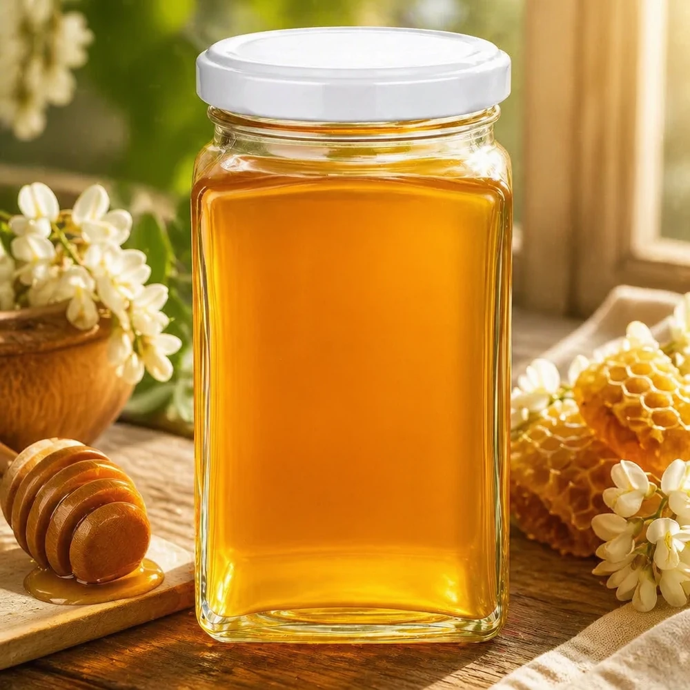 Vaso tetra da 260 ml con coperchio bianco riempito di miele giallo oro accanto a favo e cucchiaio di legno decorazione naturale