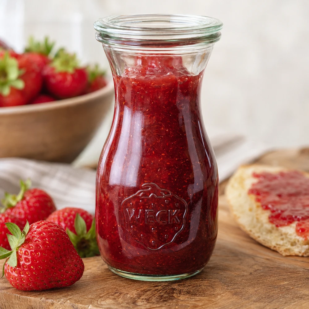 Bouteille à jus de 290 ml avec couvercle en verre WECK RR60 WECK Saftflasche 290ml RR60 mit roter Erdbeermarmelade gefüllt neben frischen Erdbeeren und Brot auf Holzbrett