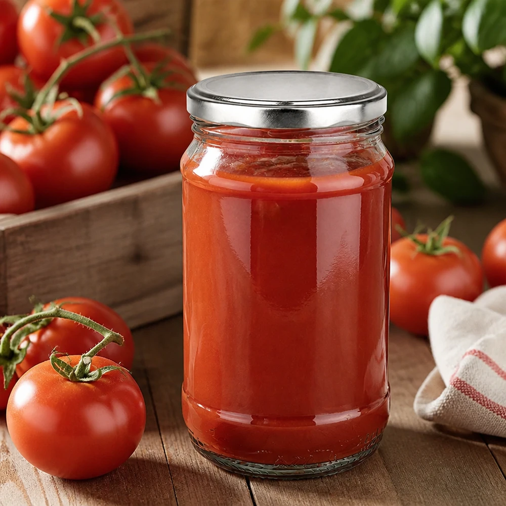 Transparentes Rundglas 370ml BasicSeal silber mit roter Tomatensauce auf rustikalem Holztisch