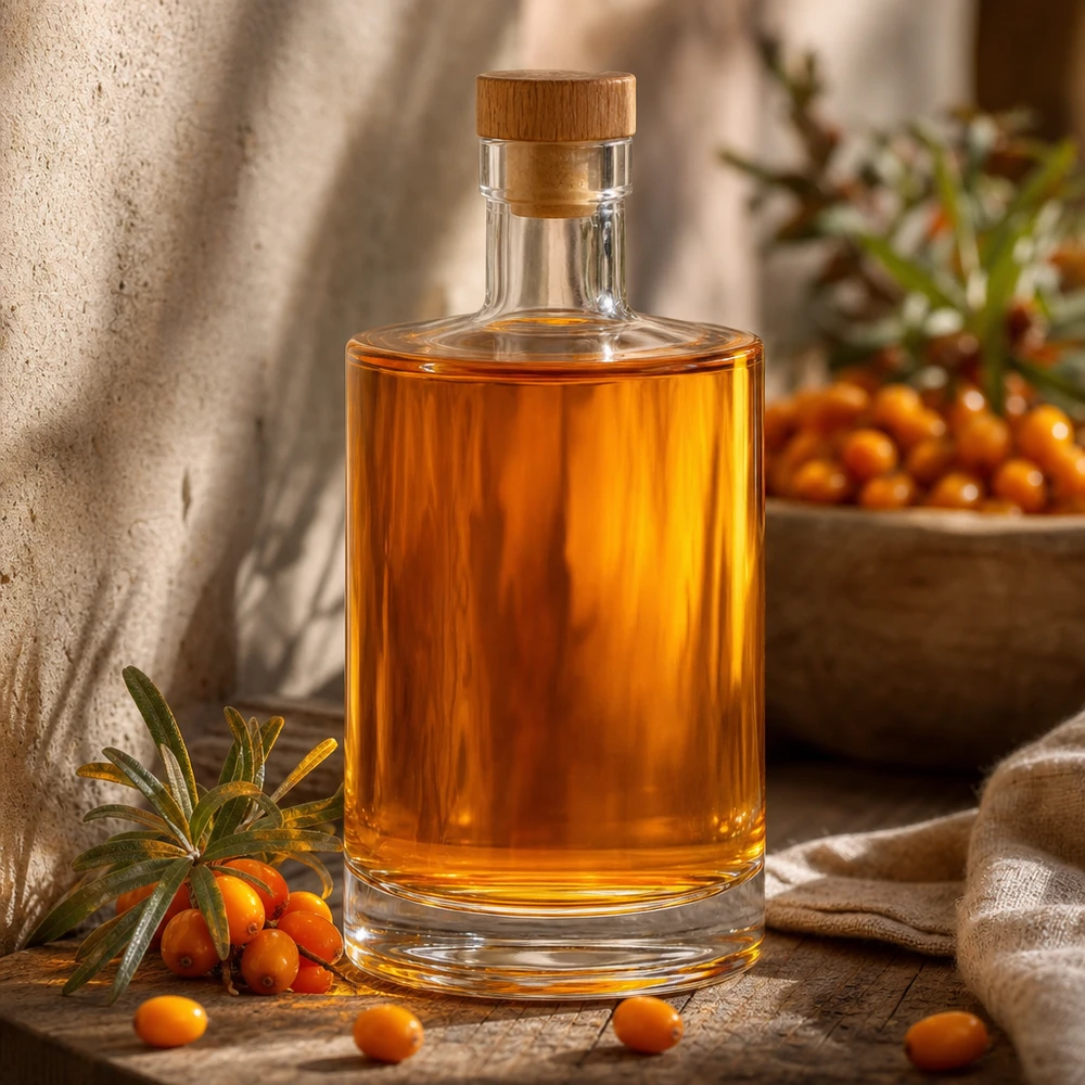 Bottiglia di vetro da 700 ml di Marie con contenuto ambrato accanto all'olivello spinoso e decorazione rustica in luce calda