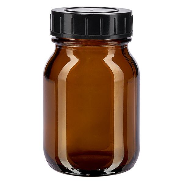 Bottiglia a collo largo da 75ml in vetro ambrato con tappo a vite Bottiglia a collo largo da 75 ml in vetro ambrato con tappo a vite nero per proteggere il contenuto.