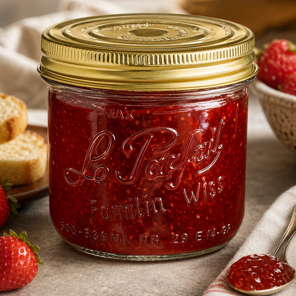 Le Parfait® Familia Wiss 500 g Ø100 mm vaso Vasetto Familia Wiss da 539 ml con coperchio dorato riempito di marmellata rossa accanto a fragole fresche e pane