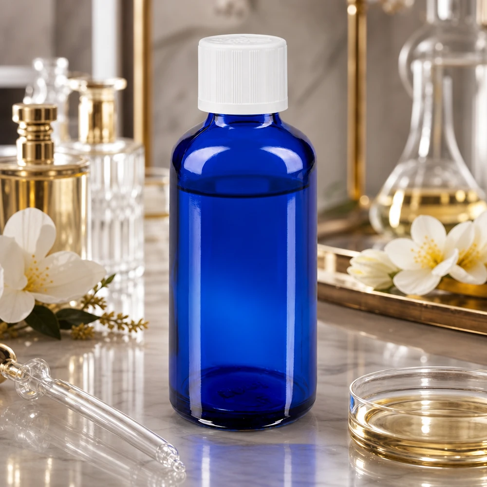 Flacon en verre bleu de 50 ml muni d'un bouchon compte-gouttes blanc, posé sur du marbre à côté d'un ballon de laboratoire et de fleurs de jasmin