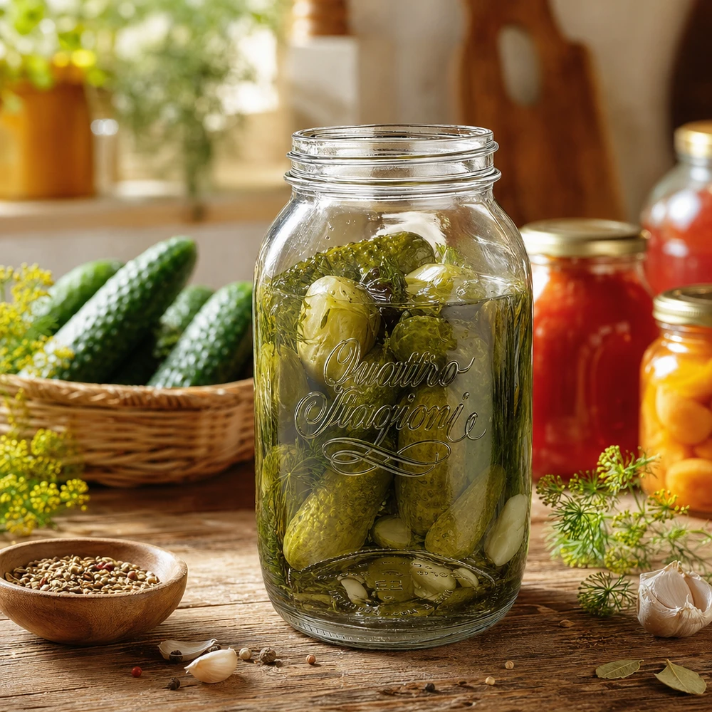 Bicchiere da 1500ml per uso domestico "Quattro Stagioni Barattolo casalingo Quattro Stagioni da 1500 ml pieno di cetriolini sott'aceto su un tavolo di legno con ingredienti freschi