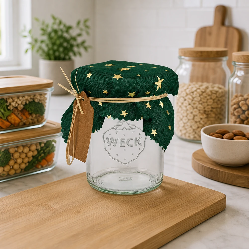 Centrino per gioielli in tessuto verde "stelle" 12cm quadrato Grünes Sternen-Deckchen auf Holzbrett in Küche, dekorative Glasabdeckung 12cm eckig für Einmachgläser und Vorratsdosen