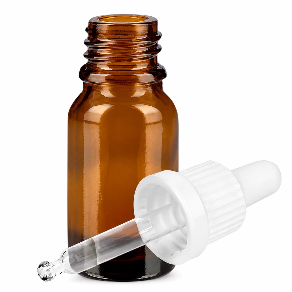 Flacone in vetro marrone da 10 ml con pipetta e tappo bianco per uso di laboratorio e cosmetico