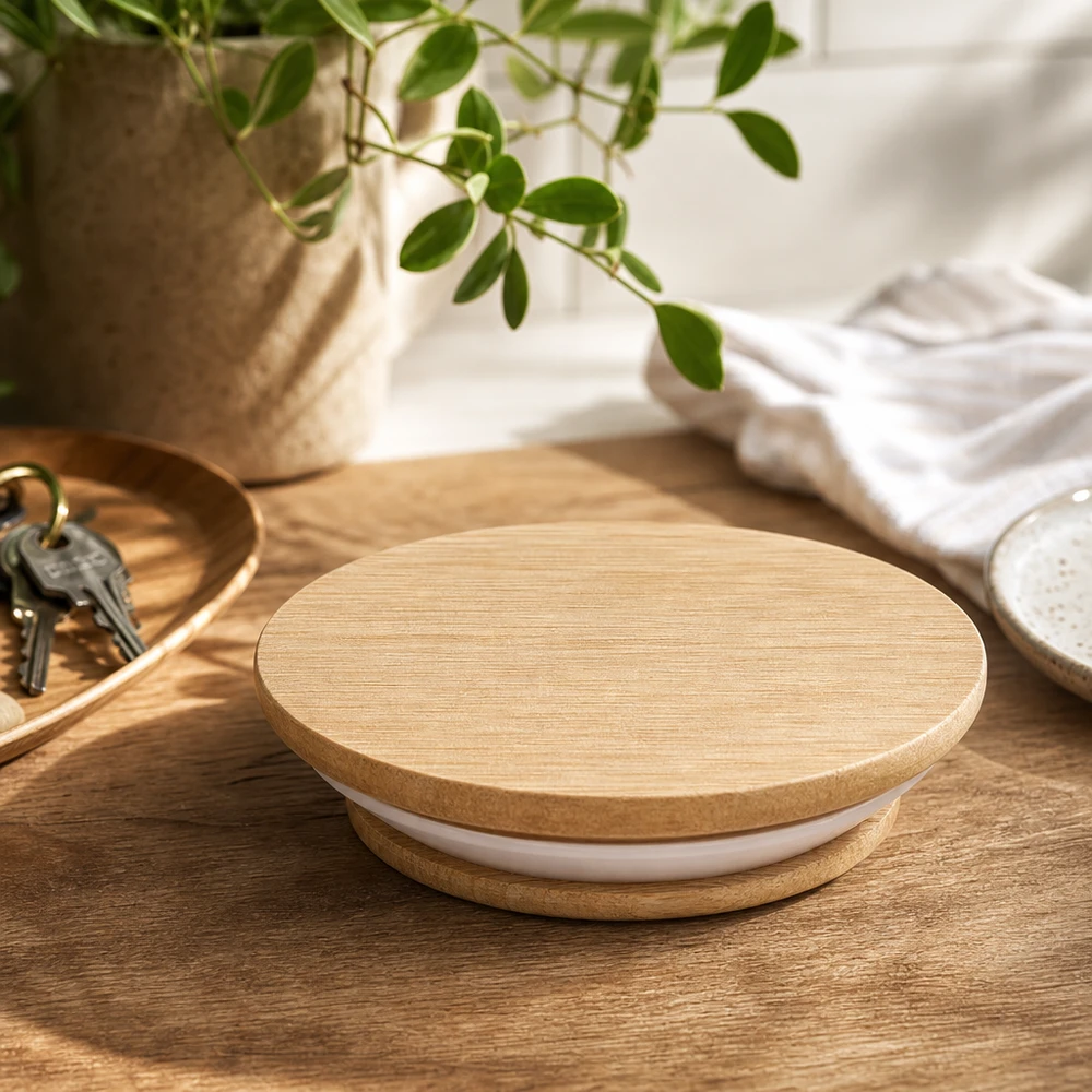 Coperchio in legno versione "A" per WECK RR40 Coperchio in legno WECK RR40 Quercia su tavolo in legno Ambiente di vita con piante e decorazioni Accessori da cucina naturali per la vita