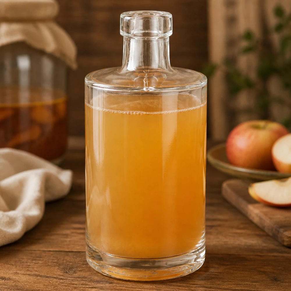 350ml bottiglia di vetro Marie riempito con succo di mela rustico decorato mele fresche tavolo di legno naturalezza Immagine 8 di 10