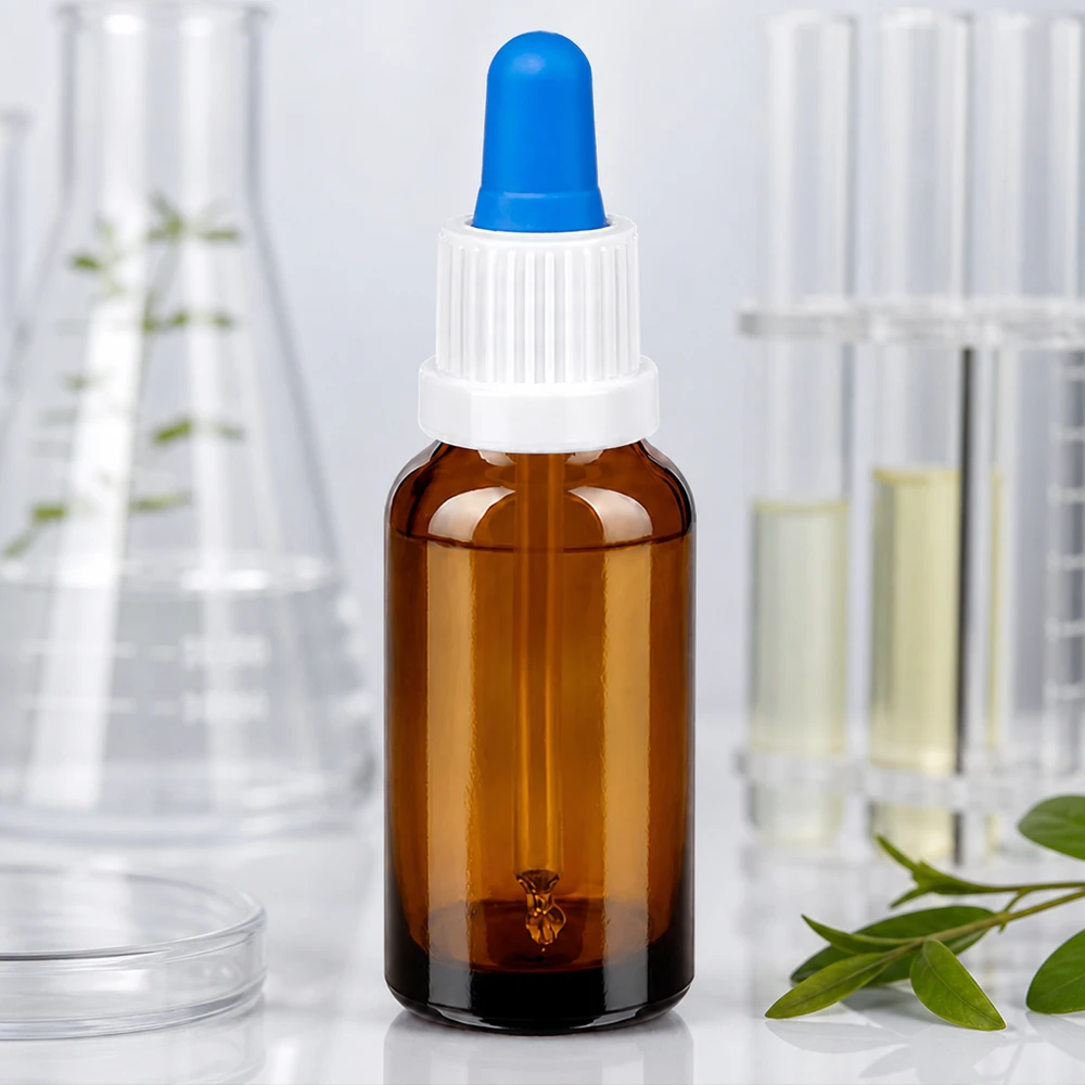 Pratico flacone contagocce da 20 ml in vetro colorato per un'erogazione precisa dei liquidi