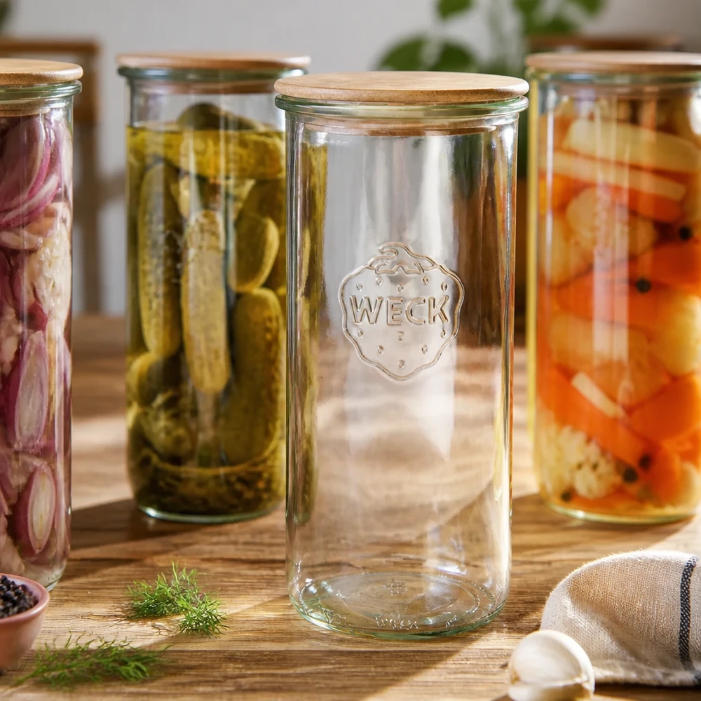 1500ml Sturzglas WECK RR100 mit Holzdeckel WECK Sturzglas 1500ml RR100 mit Holzdeckel zwischen eingelegtem Gemüse auf Holztisch rustikale Küchenszene