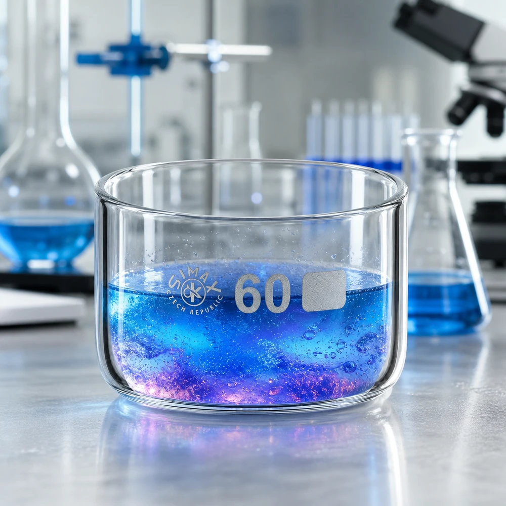 Coupelle de cristallisation 60 ml sans bec verseur Coupelle de cristallisation de 60 mm de diamètre, d'une contenance de 60 ml, contenant un liquide réactif bleu-violet, posée sur une paillasse de laboratoire