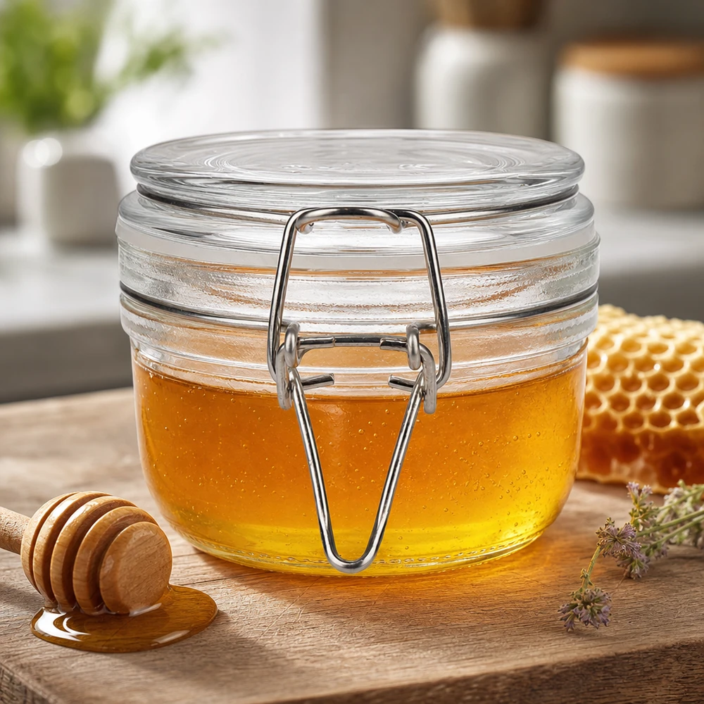 200ml Vorratsglas mit Silikonring und Bügelverschluss UNiTWIST Barattolo rotondo da 200 ml con tappo girevole, perfetto per miele e creme dolci.