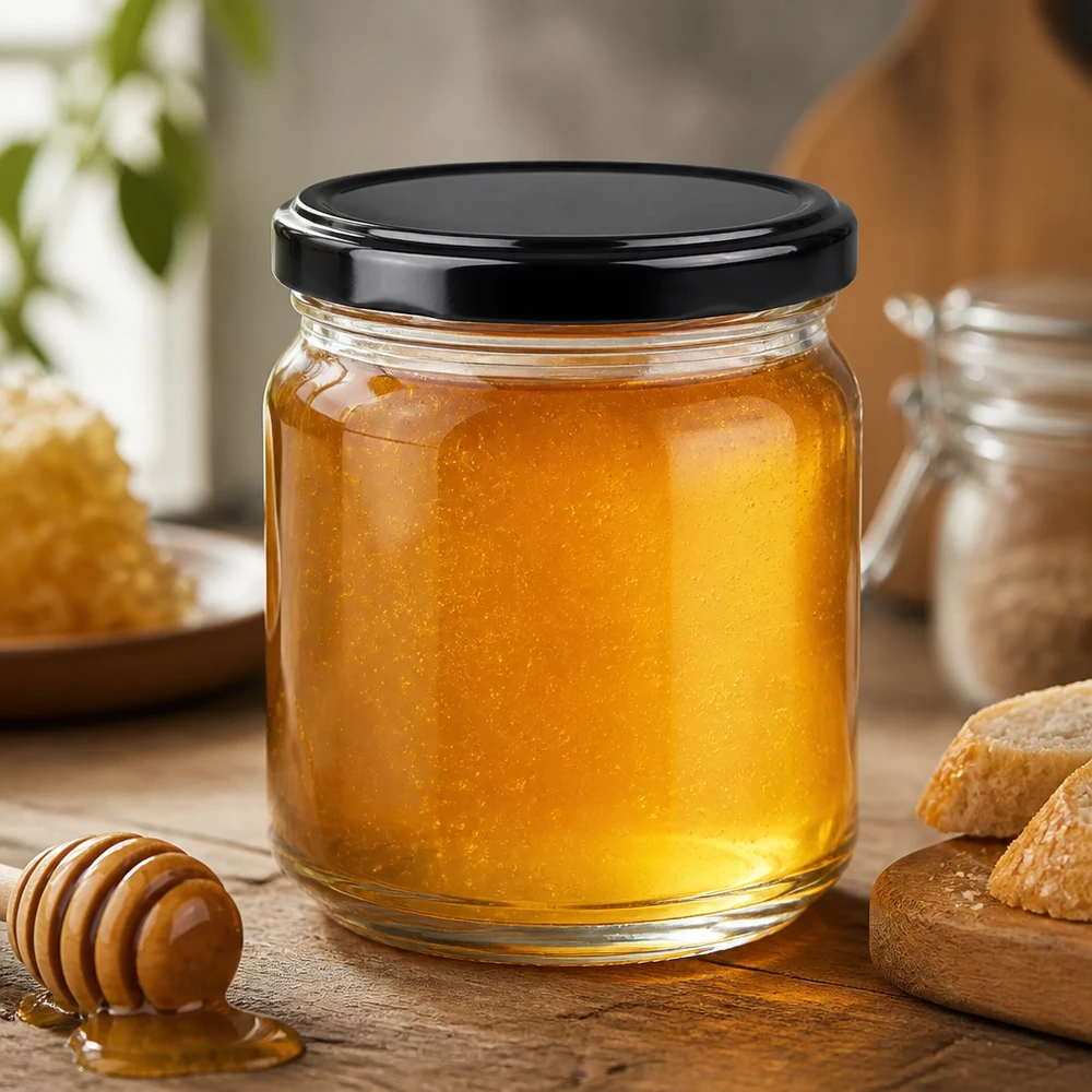 Vaso rotondo da 212 ml con coperchio nero riempito di miele dorato accanto a cucchiaio e nido d'ape su tavolo di legno