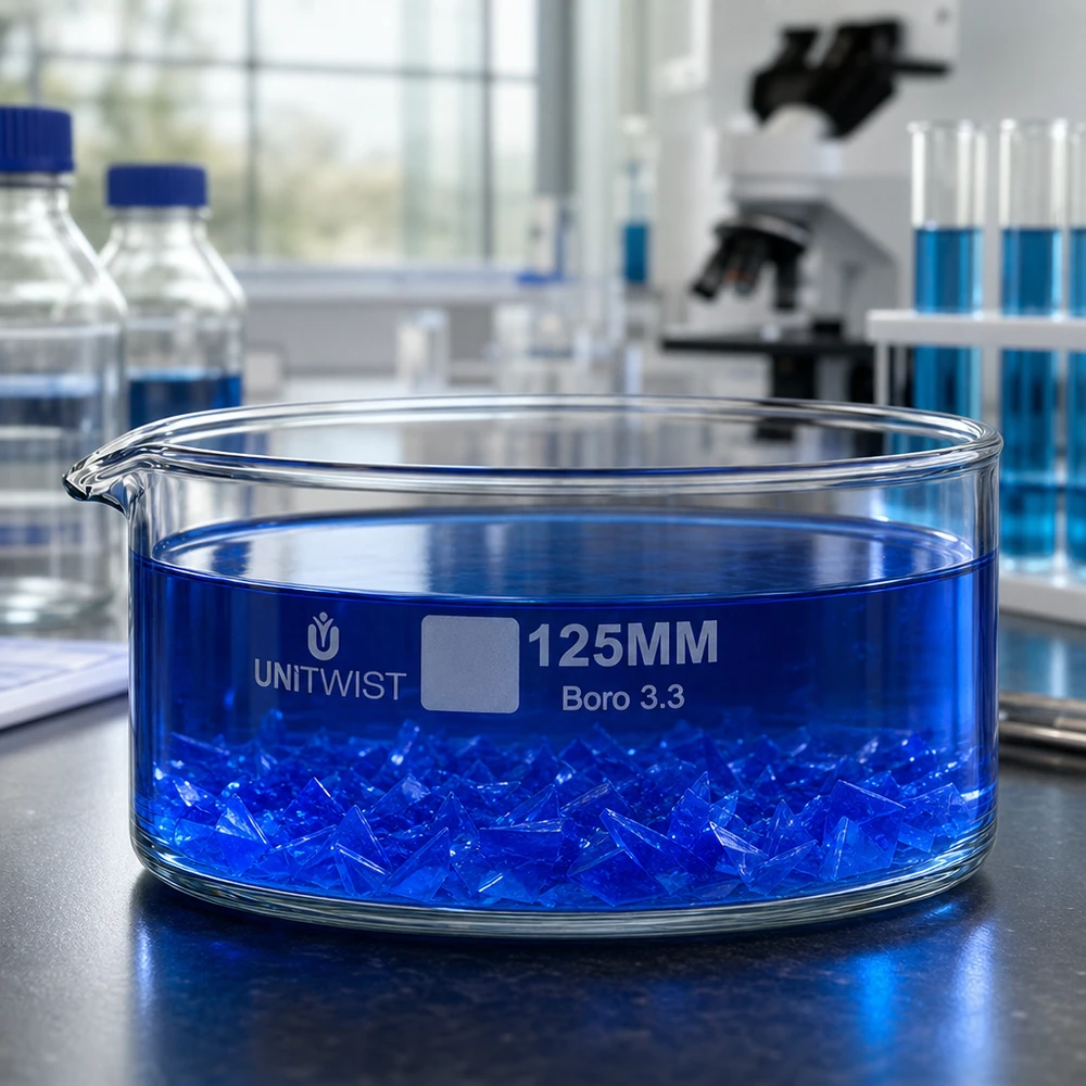 Borosilikatglas Kristallisierschale 125mm UNiTWIST mit blauen Chemikalienkristallen Laborumgebung