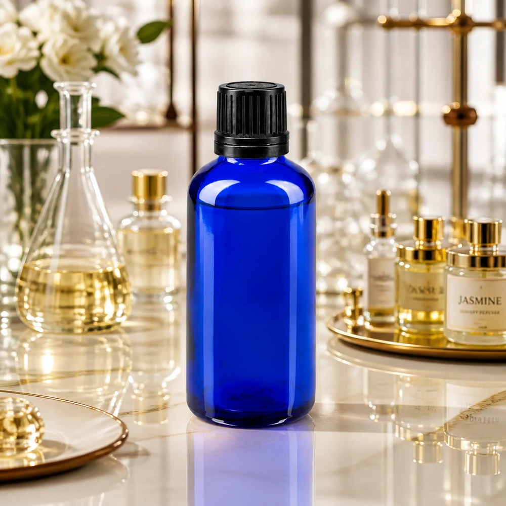 Apothekenflasche blau 50ml Schraubverschluss schwarz Giessring Originalitätsverschluss 50ml blaues Apothekerglas mit 8mm Verschluss auf Marmor neben Erlenmeyer und Parfumflakons