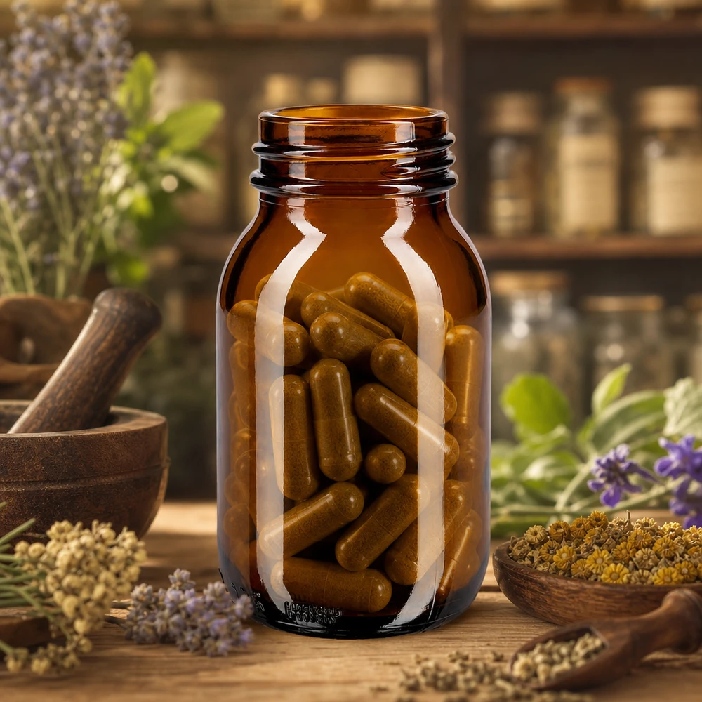 Bottiglia a collo largo da 125 ml in vetro ambrato per conservare in modo sicuro capsule e compresse