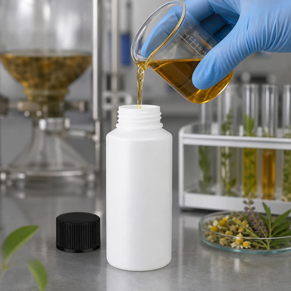 Flacon de pharmacie HDPE 30ml blanc avec bouchon vissable noir Conditionnement en laboratoire dans une bouteille blanche en PEHD de 30 ml, adaptée au contact alimentaire, avec bouchon à vis noir