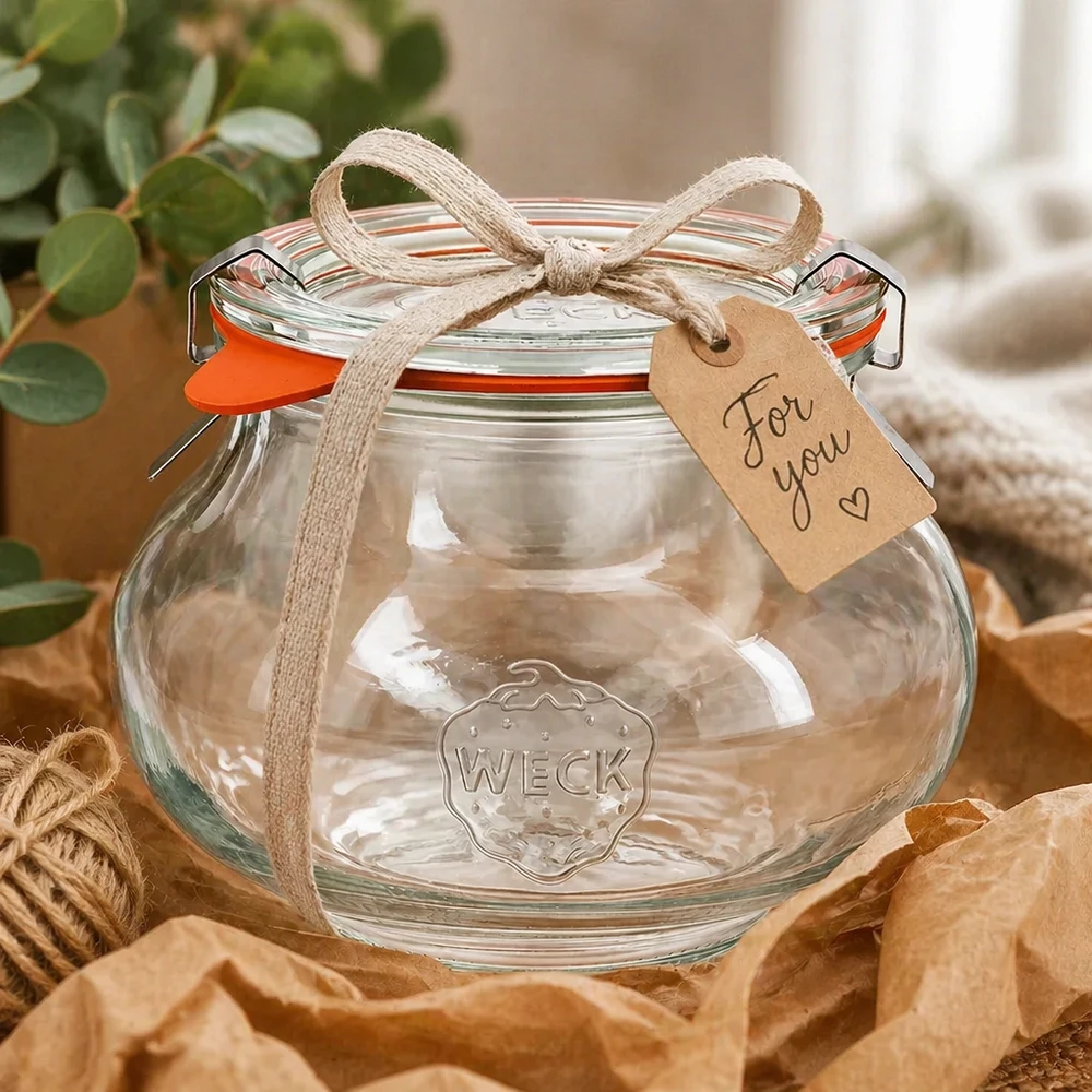 Vaso decorativo da 560 ml completo WECK RR80 Vasetto per gioielli WECK da 560 ml confezionato in modo decorativo con nastro e targhetta regalo, presentato come idea regalo